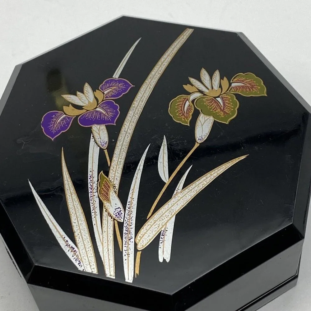 VTG‎ Yamanaka Japan Lacquerware Nesting Boxes Black Floral Trinket 2pc 70s *flaw